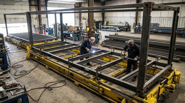 Industrial medium shot showcasing 40foot ISO container structural frame being assembled on a specialized jig with detailed crossmember placement for heavyduty shipping use.