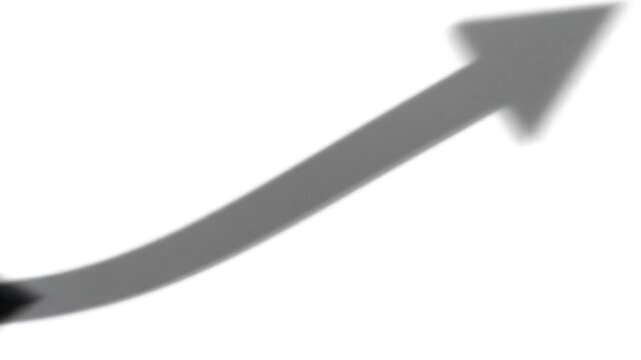 Black arrow rising upwards with a slight curved shape isolated on a white background signifying growth or progress