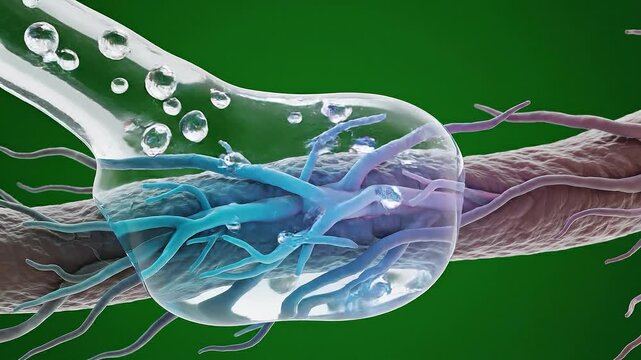 Microscopic view of a synapse transmitting neural signals with neurotransmitters and vesicles in a vibrant green background