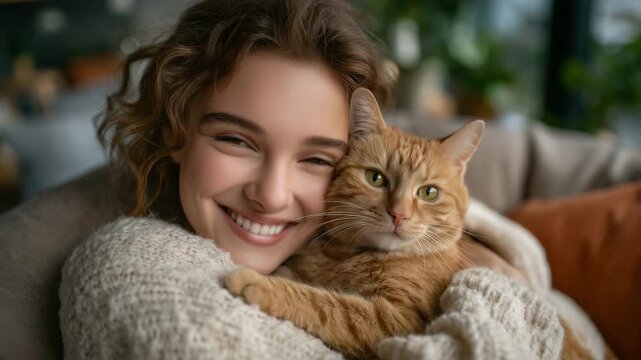 Smiling young woman sitting in a cozy bean bag chair, warmly hugging an orange tabby cat, soft sunlight streaming through large living room windows, plush cushions and plants in th