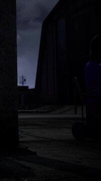 In the stillness of night, a solitary figure works quietly under dim streetlights. Shadows stretch across the pavement, hinting at untold stories in a forgotten urban landscape.