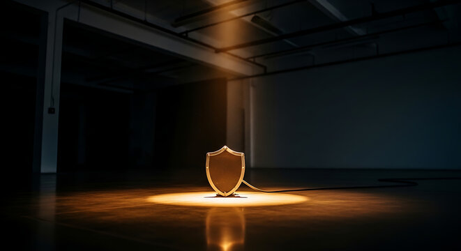 A glowing golden shield symbol of robust digital security and steadfast protection illuminated by a single spotlight in a dark, empty room