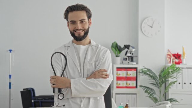 Young hispanic doctor man smiling in white coat, holding a stethoscope with arms crossed in a bright medical clinic consultation room; care confidence.