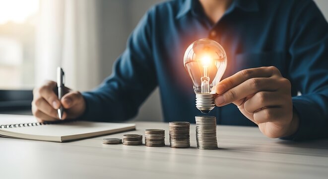 Businessman holding a glowing light bulb over stacked coins on a desk with a notebook