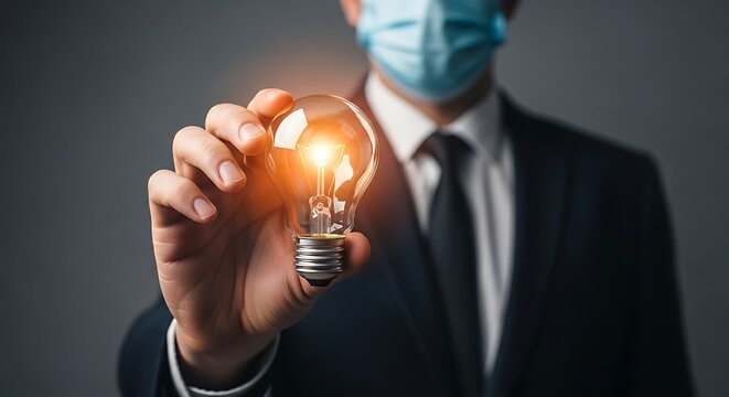 Businessman in a suit and medical mask holding a glowing light bulb representing a creative idea