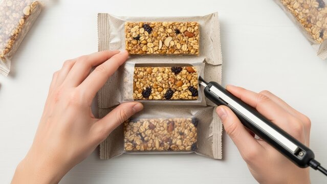 Hand sealing a granola bar package with a heat sealer for freshness.