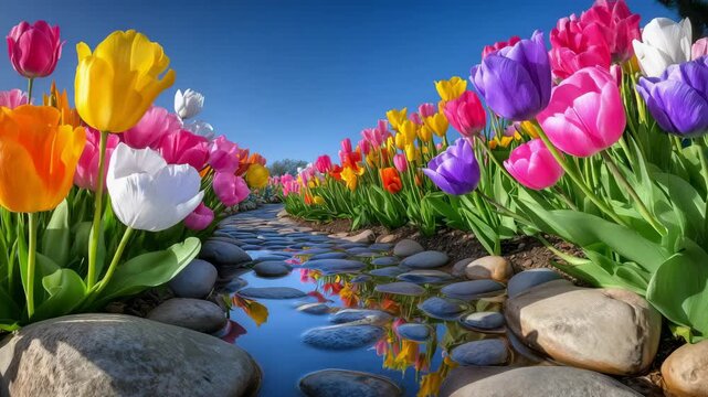 Spring garden path flanked by symmetrical rows of colorful tulips, natural sunlight illuminating the petals and creating reflections on the cobblestone walkway, clear bright blue s
