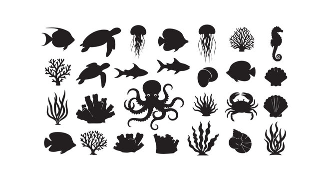 Set of marine life silhouettes including fish octopus turtle and coral elements for ocean themed design vector illustration.