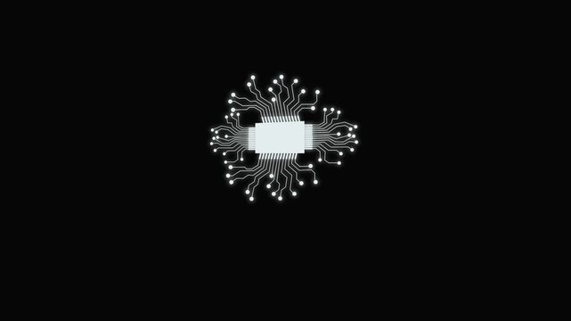 Technology multicolor CPU circuit board background. Computer motherboard with UI text and circuit lines icon animation, on a black background 4k. 