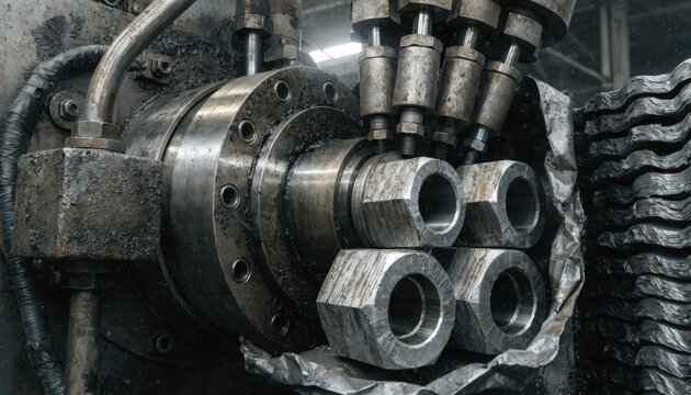 Closeup medium shot capturing thick hex nut blanks being pressed from heavy steel strips emphasizing robustness and mechanical production techniques.