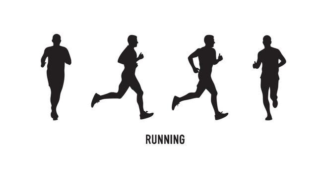 Set of running men silhouettes. various poses of athletes jogging and exercising, captured in dynamic motion.