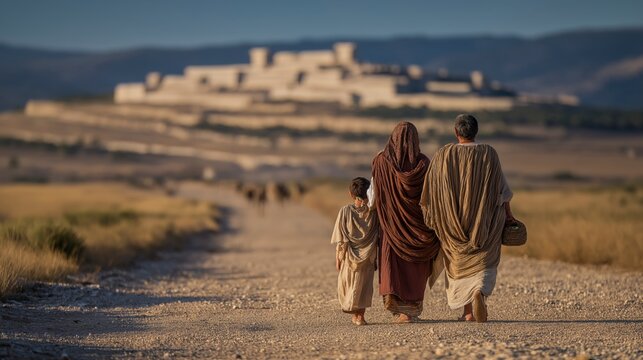 A peaceful and expansive biblical scene of Israelite families departing Jerusalem after a dedication feast, journeying along dusty roads toward distant hills, with the Temple on Mount Moriah rising be