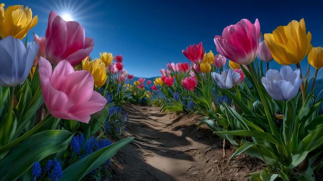 Symmetrical springtime garden walkway with vibrant tulips lining both sides, sunlight streaming across the petals and path, clear bright sky overhead, spacious horizontal format id
