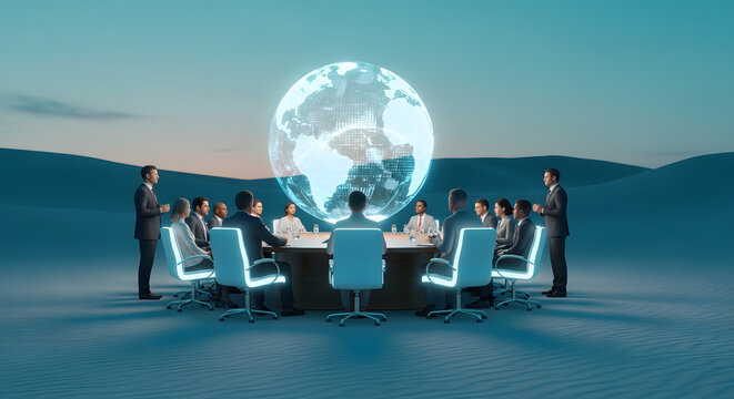 Business people are discussing the global economy around a large round table. A globe-shaped light illuminates the table, creating a futuristic scene