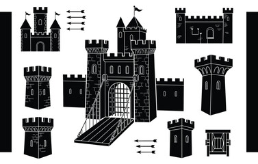 Obraz premium Black castle elements with architectural details and arrow motifs a stark silhouette