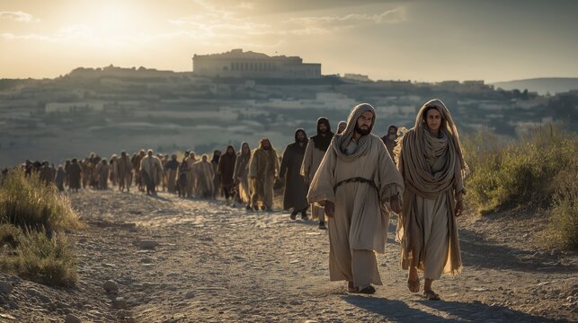 A peaceful biblical scene of Israelite families departing Jerusalem after a dedication feast, walking along dusty roads toward distant hills, with the Temple on Mount Moriah visible behind them under 