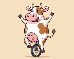 Joyful cartoon cow rides a unicycle with arms raised in celebration © Mahfuz
