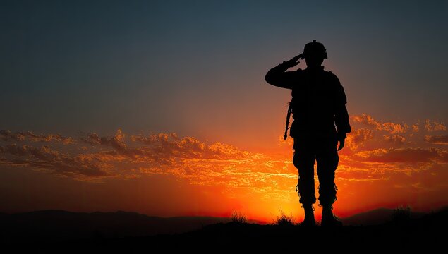 Silhouette of a soldier saluting against a vibrant sunset sky