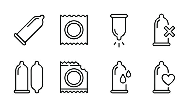 Modern vector line icons of condoms for safe sex, contraception, and sexual health education. Perfect for digital designs and public awareness campaigns.