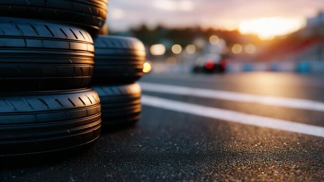 Top-down close-up of F1 tires stacked on track, polished rubber surfaces reflecting sunlight, high-detail sidewalls and tread patterns, isolated racing gear on clean asphalt, minim