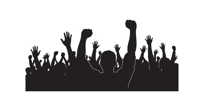Silhouette of cheering crowd with raised hands and fists celebrating at outdoor music festival concert event celebration.