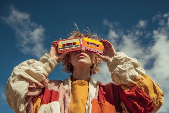 Woman with cassette tapes over eyes, colorful jacket, outdoor sky