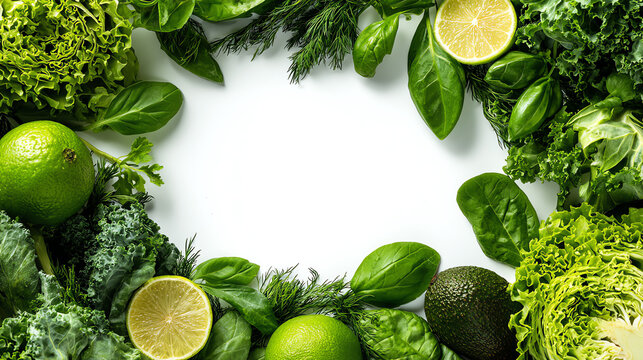 Fresh green vegetables and fruits arranged in a circular pattern, perfect for healthy eating concepts.