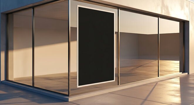 Modern glass building facade with a large blank black advertising panel reflecting sunlight.