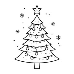 Fototapeta premium A simple black and white illustration of a Christmas tree decorated with ornaments, a star, and snowflakes