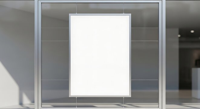Blank White Poster Displayed in a Modern Store Window with Reflections.