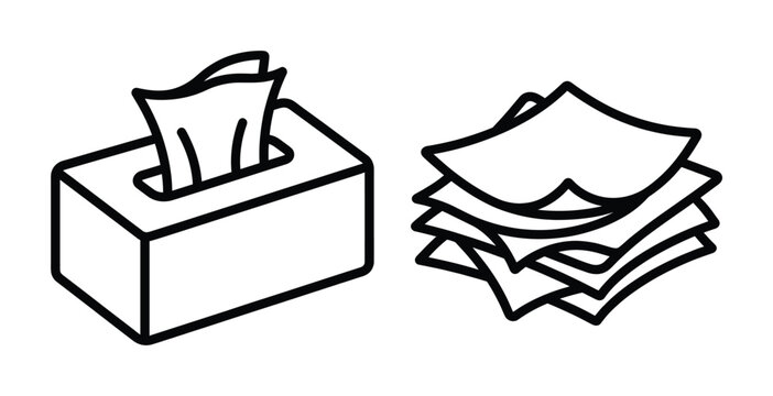 Clean line art vector illustration depicting a tissue box and a stack of facial tissues. Ideal for hygiene, health, or household product designs and icons.