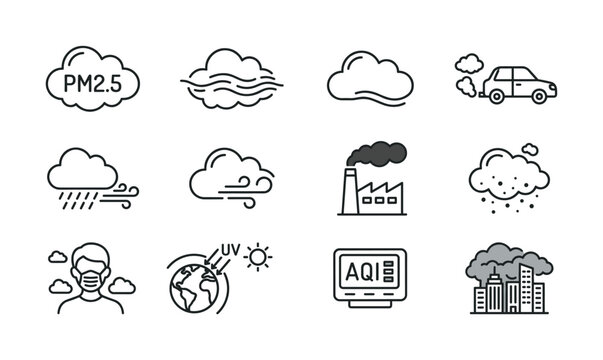 Vector set of line icons illustrating air pollution, climate issues, and various weather conditions. Concepts like PM2.5, AQI, UV, smog, and wind are included.