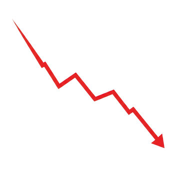 A red arrow pointing downward in a jagged line isolated on transparent background