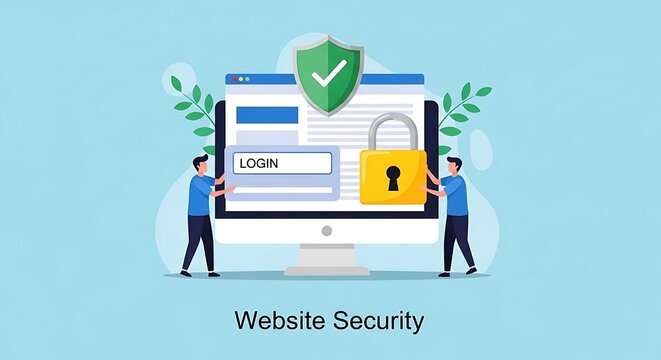 Two men secure website login with shield and lock on computer