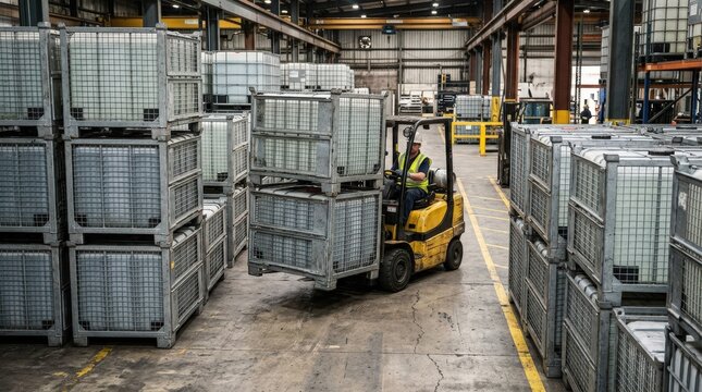 Industrial scene with durable metal IBC frames equipped with rigid side mesh and stackable corners enabling safe and organized forklift movement of liquid storage tanks.