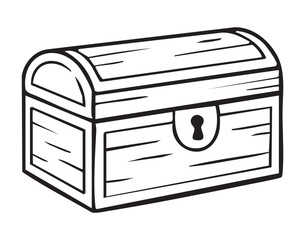 Wooden treasure chest closed with lock, handdrawn black outline, weathered planks, metal latch, curved lid, rustic texture suggesting pirate loot or antique collectible, monochrome illustration ideal © Yanka