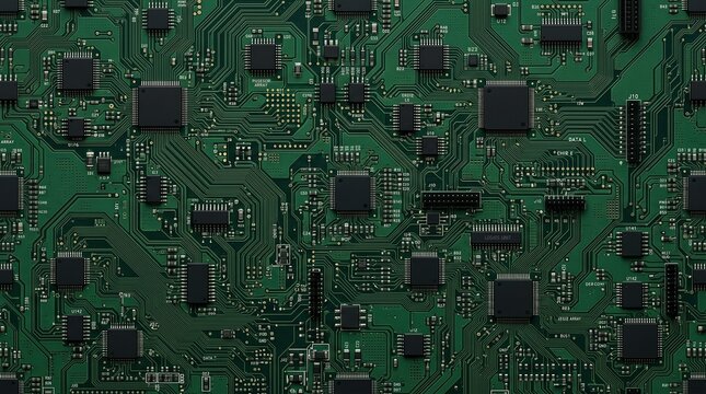 Seamless electronic circuit board pattern with microchip pathways and high detail technology background