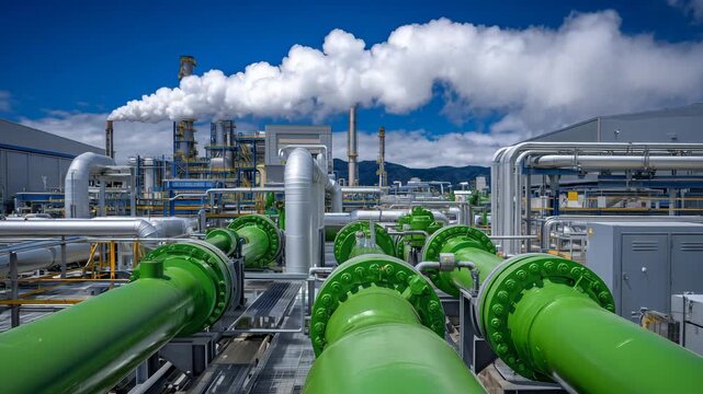 Wide-angle view of an industrial pipeline network with green-painted pipes and valves, steam rising into a clear blue sky, chemical plant structures in the background, metallic tex