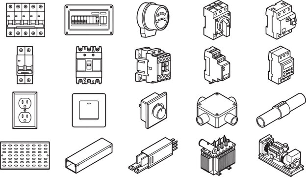 Electrical components arrayed in a grid showcasing variety of industry tools and parts.