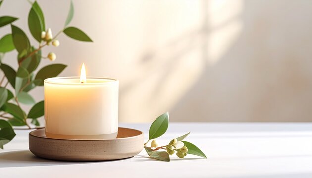 Mockup de una vela dom&eacute;stica encendida sobre fondo neutro, iluminaci&oacute;n suave, estilo minimalista, espacio en blanco para dise&ntilde;o personalizado