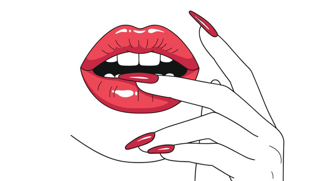Close up of a woman's open mouth with red lips and fingers with long red pointed nails touching the lip on a white background.