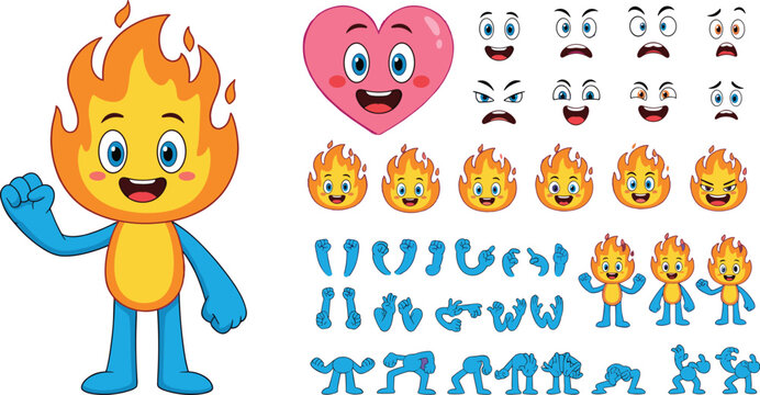 Cute Cartoon Fire Flame Character Creator Set with Different Faces, Expressions, Body Parts, and Poses Animation Vector Illustration