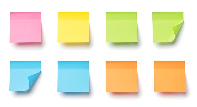 Assorted sticky notes in various colors and positions on a white background isolated on white background