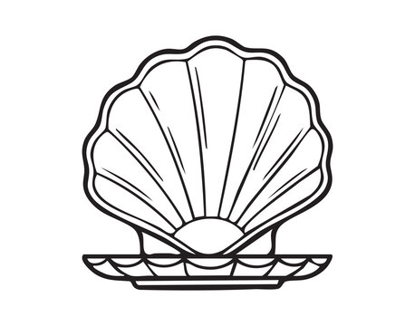 Open scallop shell revealing luminous pearl, minimalist line art illustration with monochrome silhouette, smooth curves and clean outline conveying coastal luxury and treasure symbolism