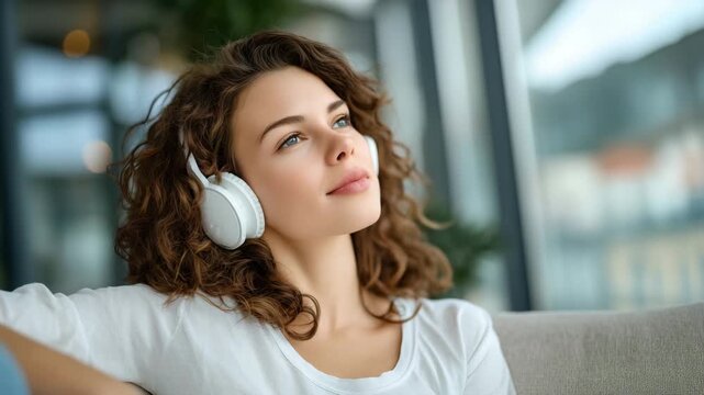 Young woman enjoying a quiet listening session with headphones on a sofa, gazing thoughtfully through a window as natural light fills the room, minimalistic interior design and cal