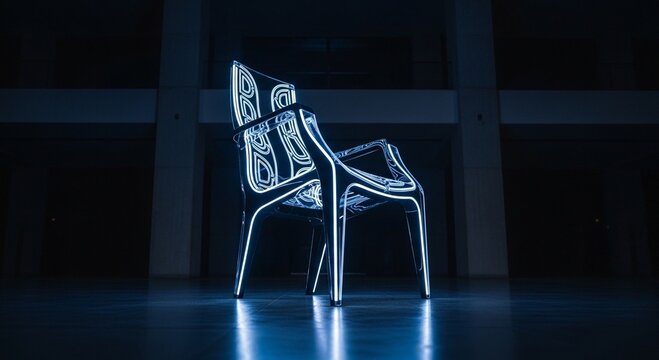 Futuristic glowing neon chair in a dark minimalist architectural space