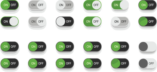 Obraz premium Large collection of on and off toggle switch vector icons in various styles for user interface design and application settings.