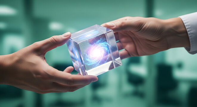 Two hands passing a glowing cube between them. The cube is filled with a swirling galaxy-like design, and the overall effect is futuristic and intriguing