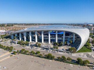 Naklejka premium Aerial Drone View of SoFi Stadium and Empty Parking Lot in Inglewood, California