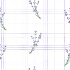 Watercolor lavender and plaid seamless pattern. Hand drawn botanical checkered background with purple flowers for farmhouse textile, tablecloth, bedding, nursery decor and cottagecore wallpaper. © Natalia